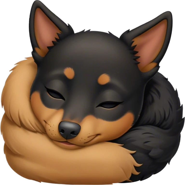 Meme-Worthy Cute Sleeping Black and Tan Kelpie Portrait Emoji, Head resting peacefully with a contented smile, showcasing a delightfully agile build and a luxuriously soft black and tan Fur, eyes shut in a serene nap, Simplified yet hilariously adorable features, highly detailed, glowing with a soft, drowsy light, high shine, relaxed and utterly lovable, stylized with an air of playful laziness, bright and heartwarming, soft glowing outline, capturing the essence of a comically sleepy herder, so meme-worthy it feels like it could instantly become the next viral sensation of adorable slumber! emoji