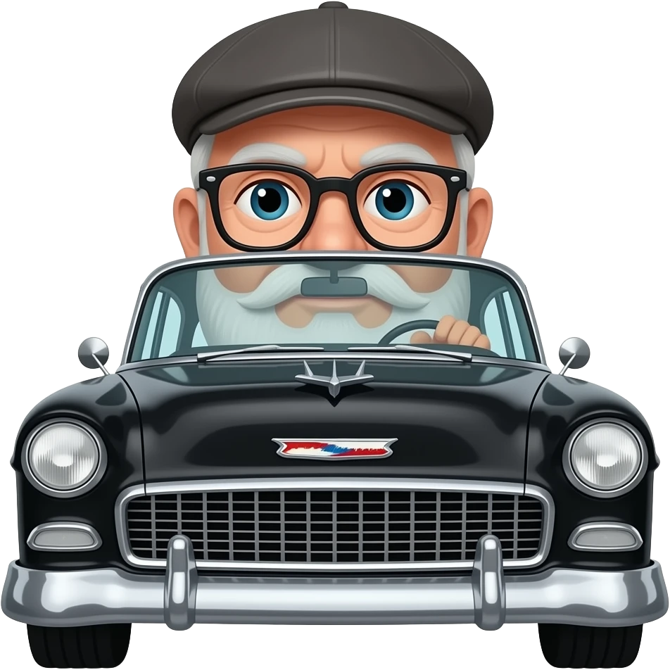 OLD MAN WITH  NO FACIAL HAIR GLASSES AND FLAT CAP DRIVING BLACK 1955 CHEVY WITH emoji