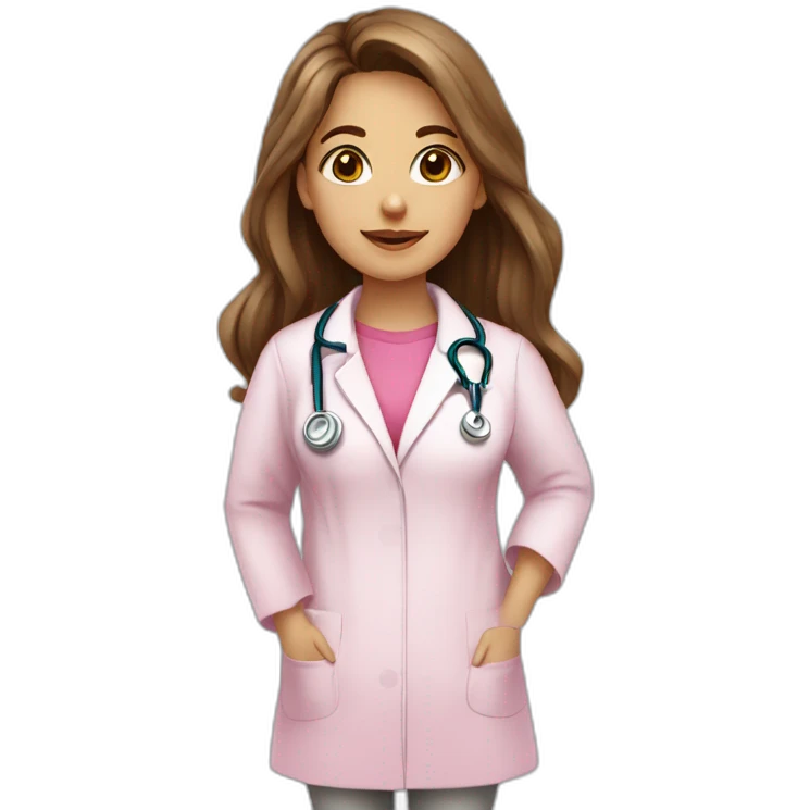 White Latina girl, a speech therapist with Brown long hair, Brown eye wearing a pink t-shirt and a medical coat emoji