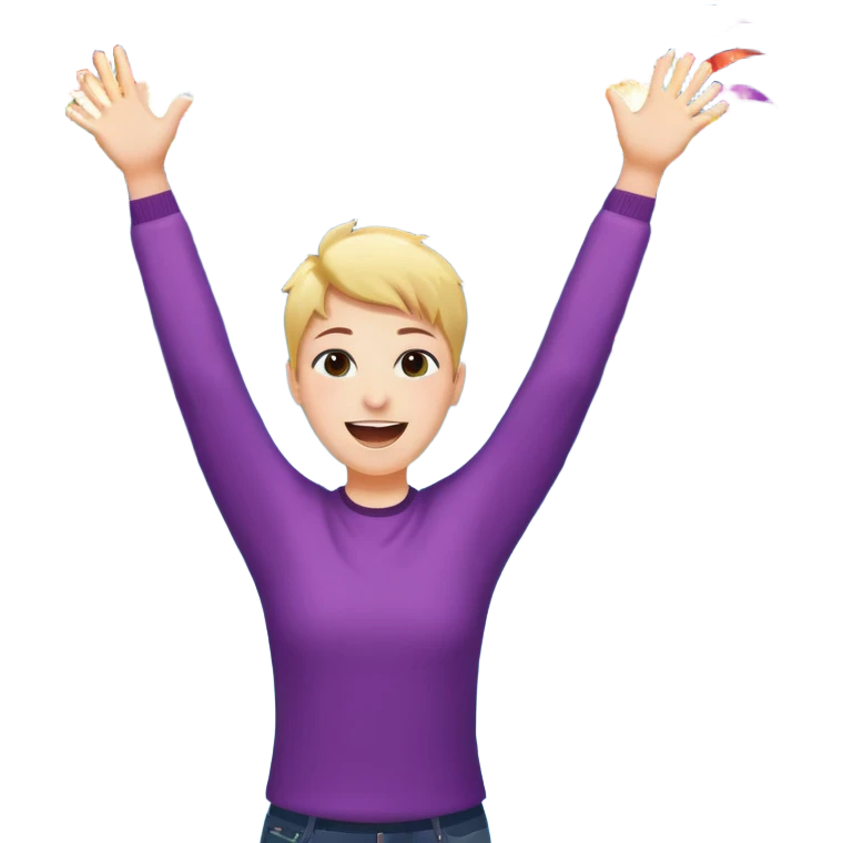 persona feliz con los brazos hacia arriba saltando y explosivos detras y confites volando emoji