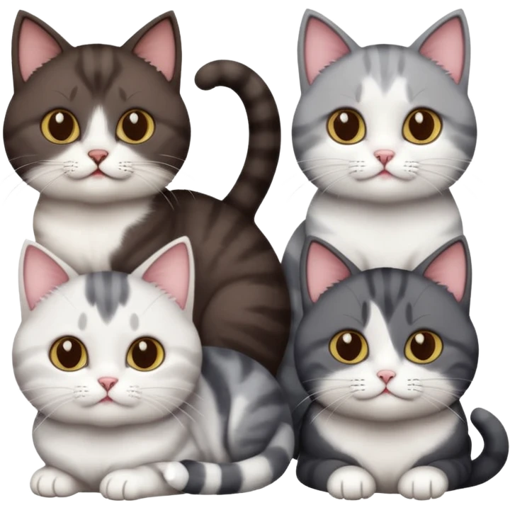 4 different coloured short haired cats including; a dark brown and white cat, and a dark grey and white  emoji