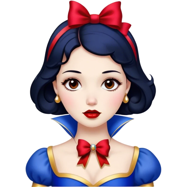 Cinematic Stunning Snow White Portrait Emoji, Fair skin glowing like porcelain, ruby-red lips, deep brown eyes full of kindness, raven hair framed by her iconic red bow, wearing her royal blue and gold gown, exuding timeless beauty and grace! emoji
