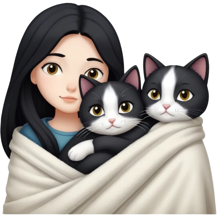 A girl with fair skin and long black hair wrapped in a blanket hugging a black and white cat emoji