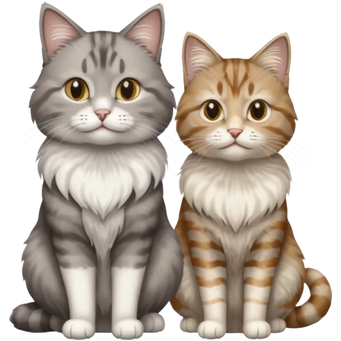 a realistic looking very fluffy grey and white cat sitting next to another cat emoji