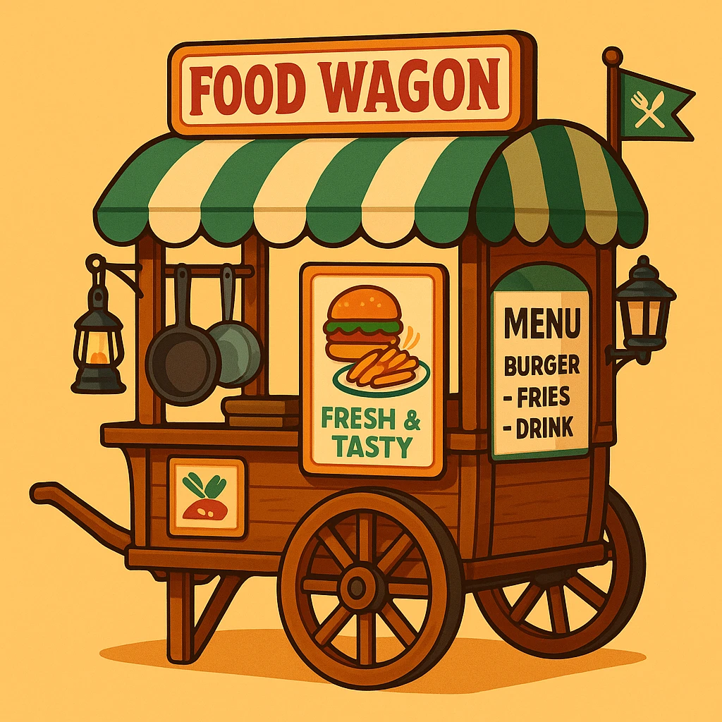 classic vintage food wagon made of wood with two large spoked wheels, pull handle, curved green and cream striped canopy, signboard reading 'Food Wagon' in bold red letters, slogan 'Fresh & Tasty', menu 'Burger – Fries – Drink', signboard with illustrations of burger and plate of food, utensils like frying pan and pot hanging from frame, black lantern at rear, small green flag with crossed fork and knife icons at front, warm inviting style with smooth lines and soft colors, blending classic charm and modern food service emoji