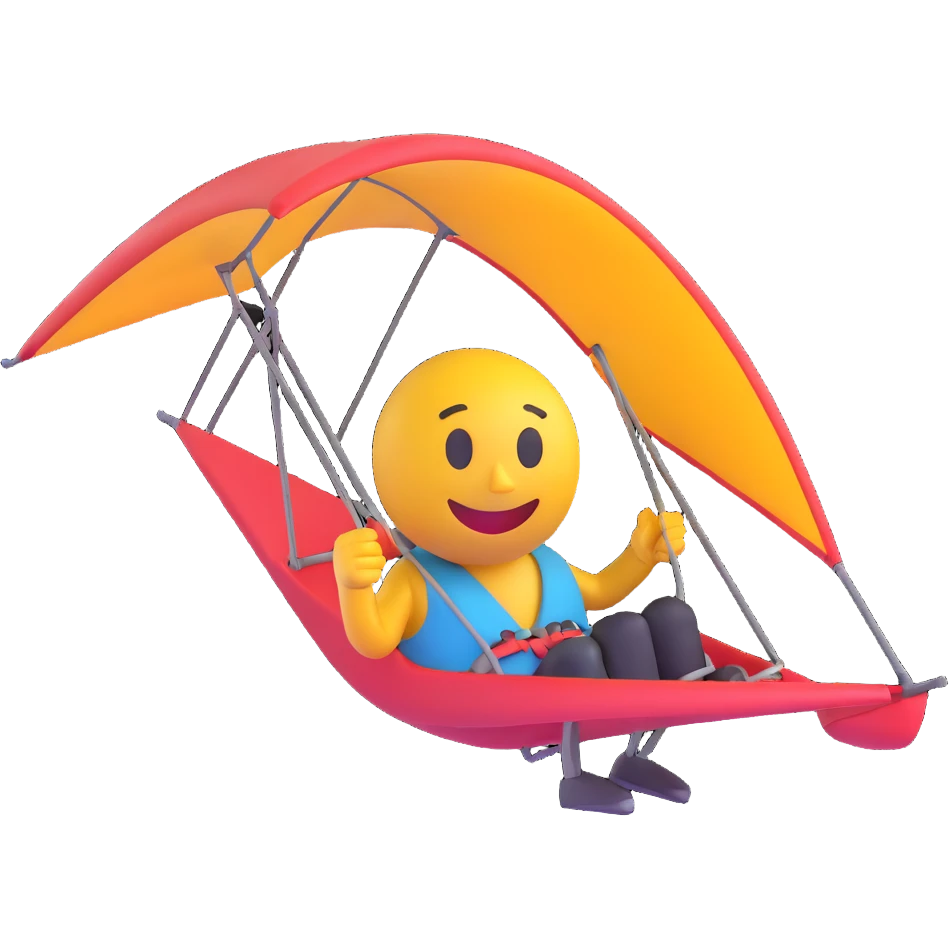 3D smiley emoji, round shape, with hang glider, sporty face, transparent background (hang gliding) emoji