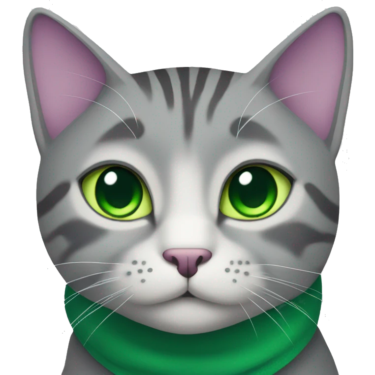 grey tabby cat with green eyes and purple collar emoji