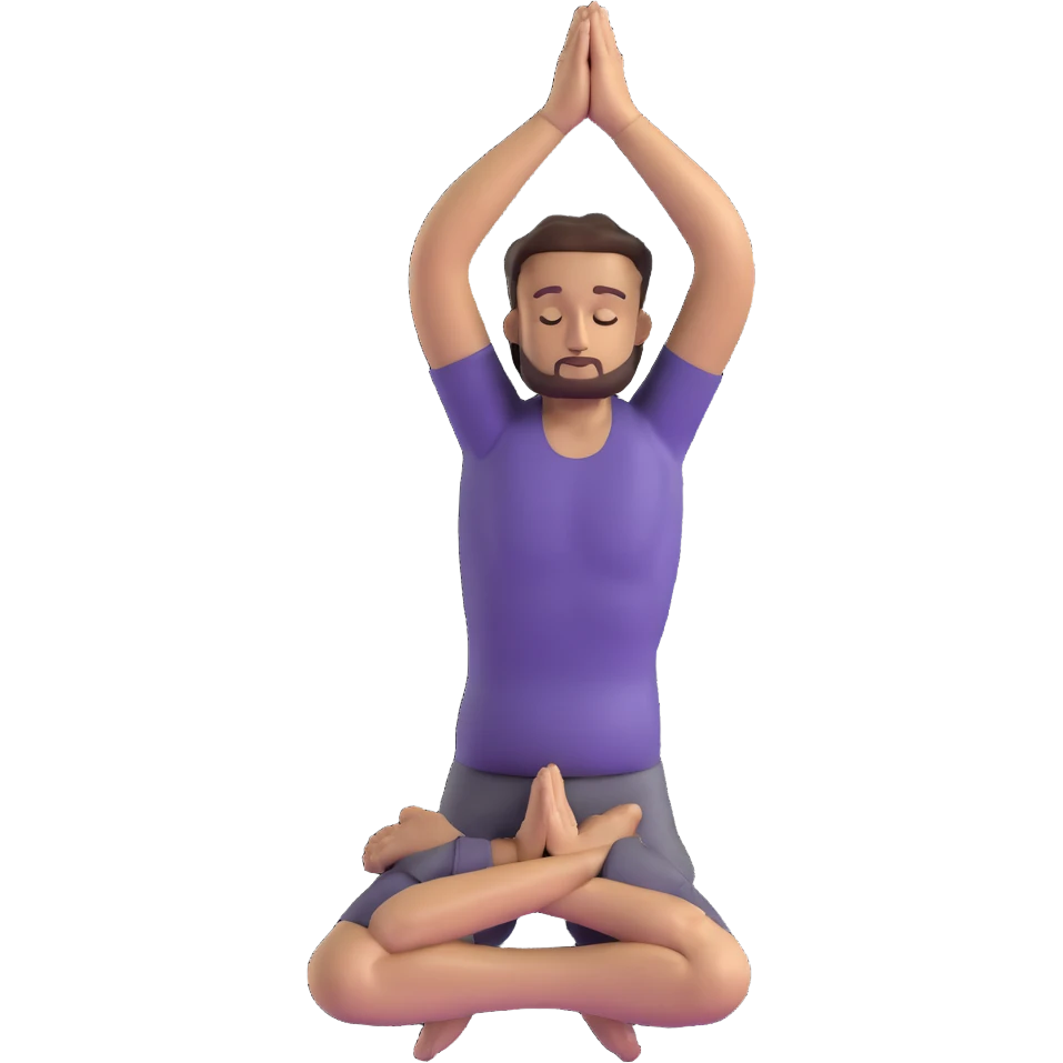 man doing tree pose yoga with one foot against inner thigh, hands in prayer position emoji
