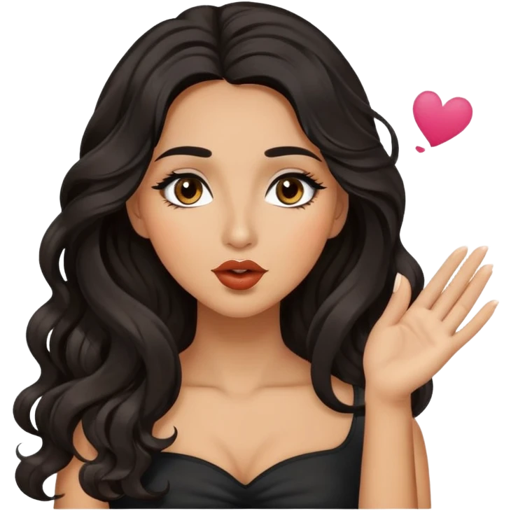 woman with olive skin, brown eyes and long lashes, and long black wavy hair blowing kiss emoji