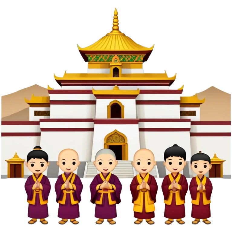 Lhasa Jokhang Temple Tibet with pilgrims, simplified emoji style with bold outlines and bright colors, cartoon style golden roof temple emoji