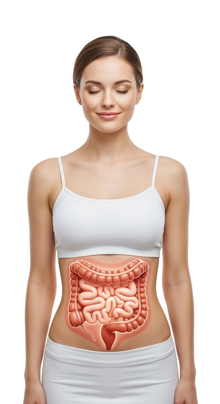 DONNA serena CON INTESTINO UMANO ANATOMICO VISIBILE, ISOLATO SU SFONDO BIANCO emoji