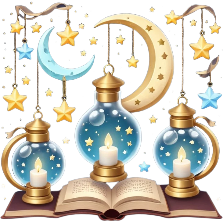  crescent moons, stars with ribbons, tiny clouds, crystal bottles, cozy mugs, mini lanterns, and floating books. Smooth textures, soft magical lighting, realistic shadows, very detailed, high-resolution, dreamy and enchanting aesthetic, super cute and charming." emoji