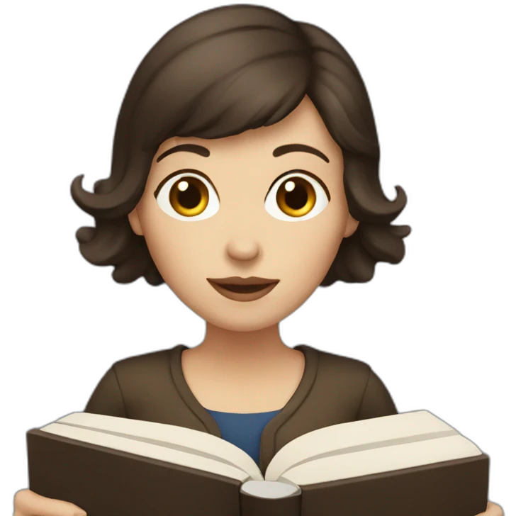 White woman with dark brown hair holding a book emoji