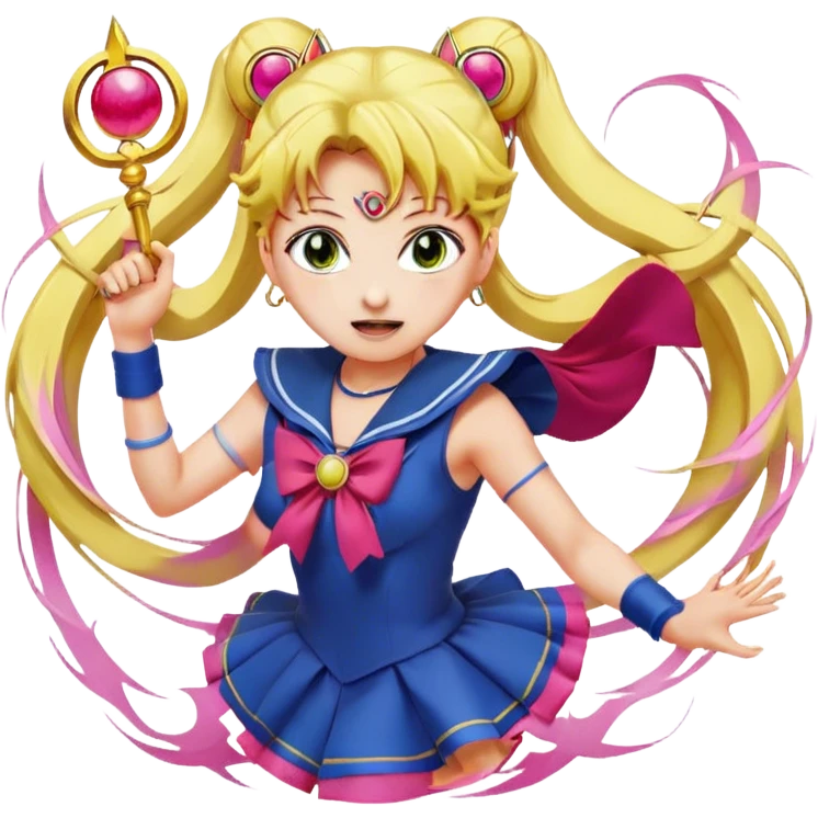Icon for Anime: vibrant, dynamic scene with Bishoujo Senshi Sailor Moon in action, featuring exaggerated expressions and colorful backgrounds. The design should reflect the distinct, energetic style of anime, with iconic eyes and unique visual elements. Transparent background. emoji