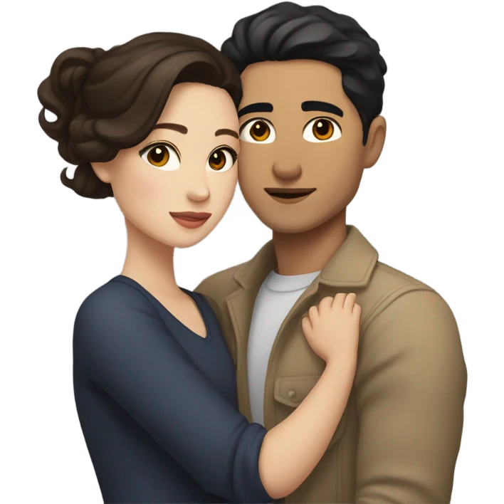 A pale half Asian man with short dark hair and amber eyes embracing and loving a white woman with long wavy brunette hair and dark hazel eyes. They love each other a lot And have good fashion taste and are hugging each other tight  emoji
