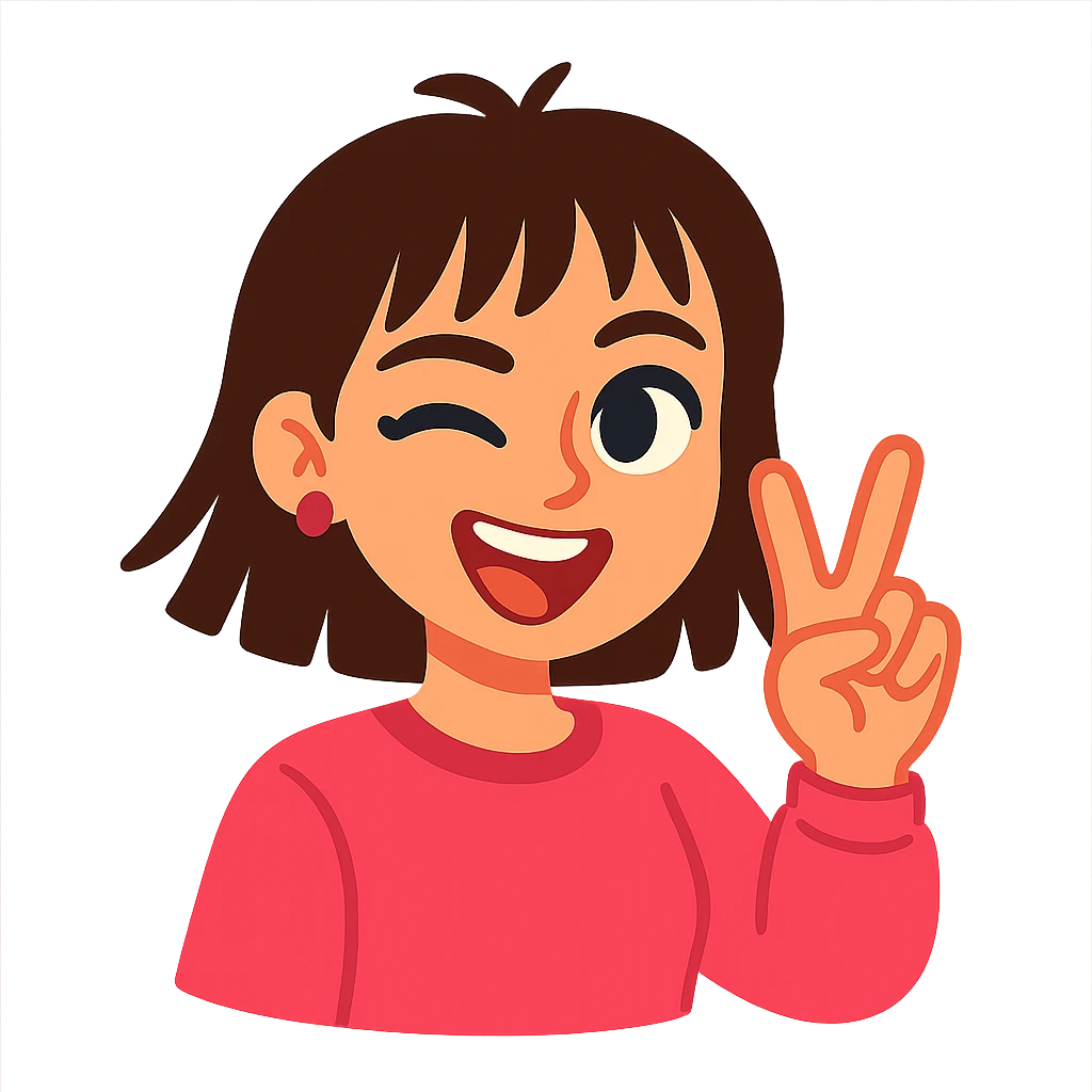 playful female character with features similar to Russian singer Dora, smiling, winking, making V sign, Telegram sticker style, no contour outline emoji