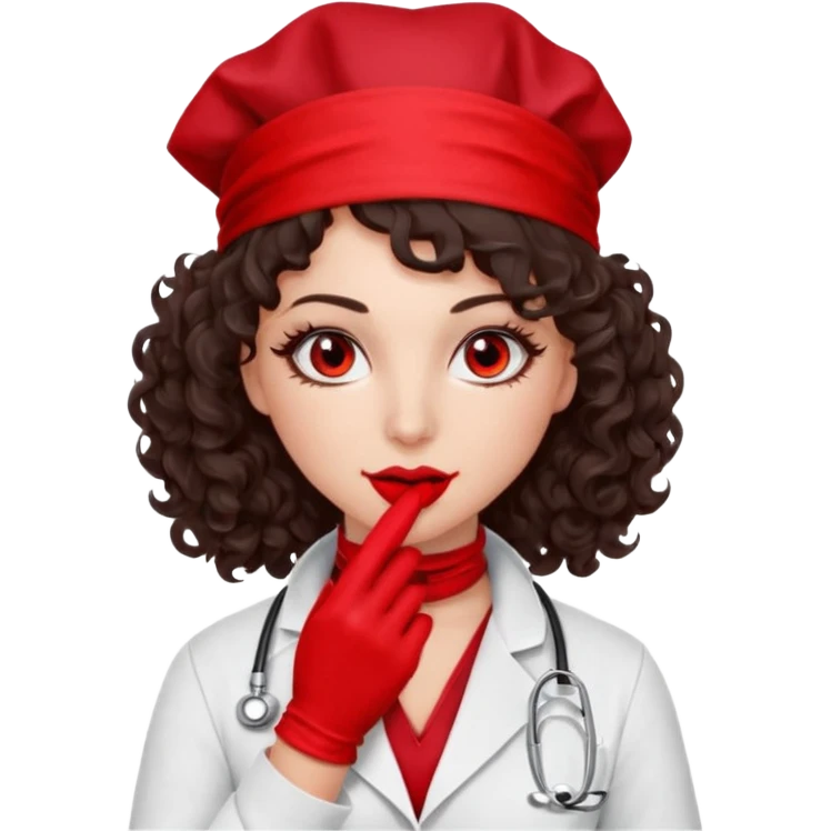 Lilith scalpel in hand, evil surgeon sexy surgeon clothes.  She has red eyes. Dark brown curly hair. Wears sexy doctor outfit with red gloves.covers her mouth necknose with red bandana to hide  her identity. Hair is long and brown emoji