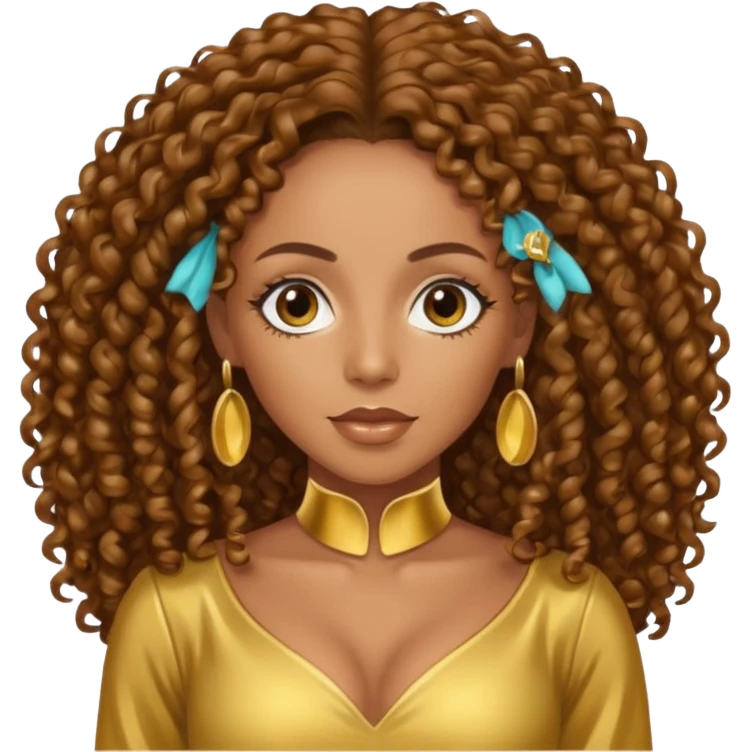 Melanie Brown with brown long curly hair, gold outfit emoji