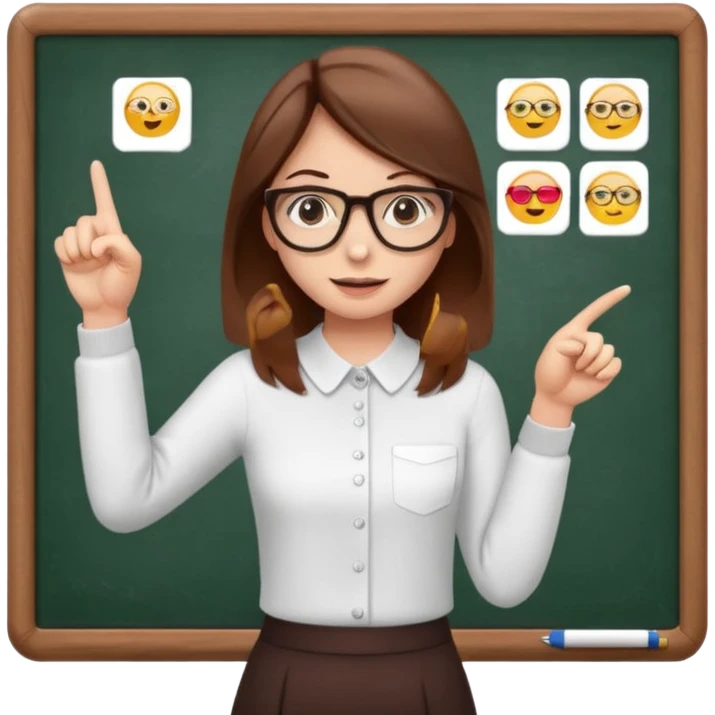 Make an emoji of a girl with brown hair who is teaching how to make emojis on a board pointing to the board like a teacher emoji