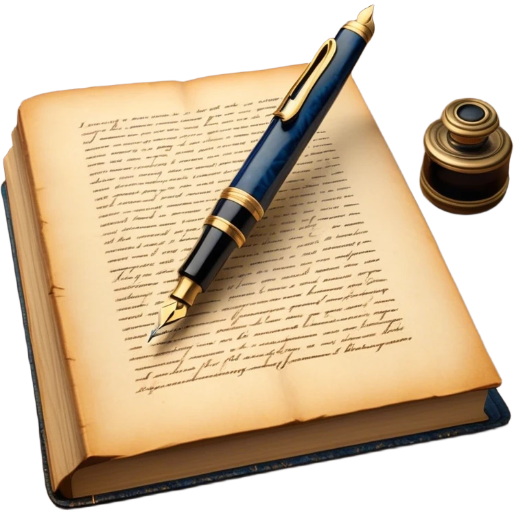 Create a vibrant emoji representing prose writing. The design should feature an open book with pages showing unfinished prose, a classic fountain pen or quill with black or dark blue ink, and an antique inkwell next to it. The pages should have visible lines of text, but some should remain unfinished, symbolizing the creative process. Use warm, earthy tones like brown, gold, and cream for the book and background, with the ink and pen in black or dark blue. The emoji should convey the idea of storytelling, creativity, and the unfinished nature of literary work. Make the background transparent. emoji