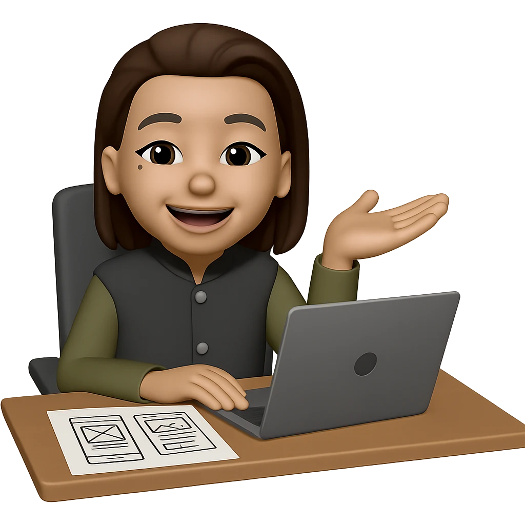 Edit the image to show the woman sitting in an office environment creating design mockups. Include a laptop and design sketches on the desk. Keep the same style as the original image. Make the background transparent. emoji