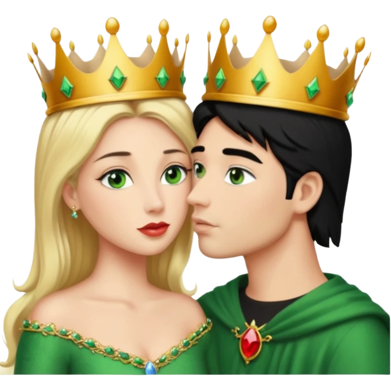 Blonde Queen with crown Green eyes  whole body Kissing man black Hair emoji