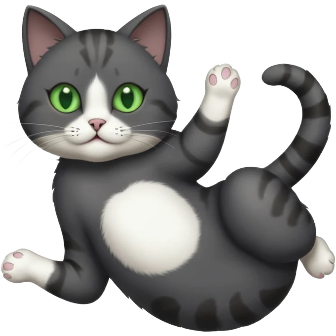 solid dark grey cat with green eyes, white toes/paws and white patch on her chest playfully rolling upside down emoji