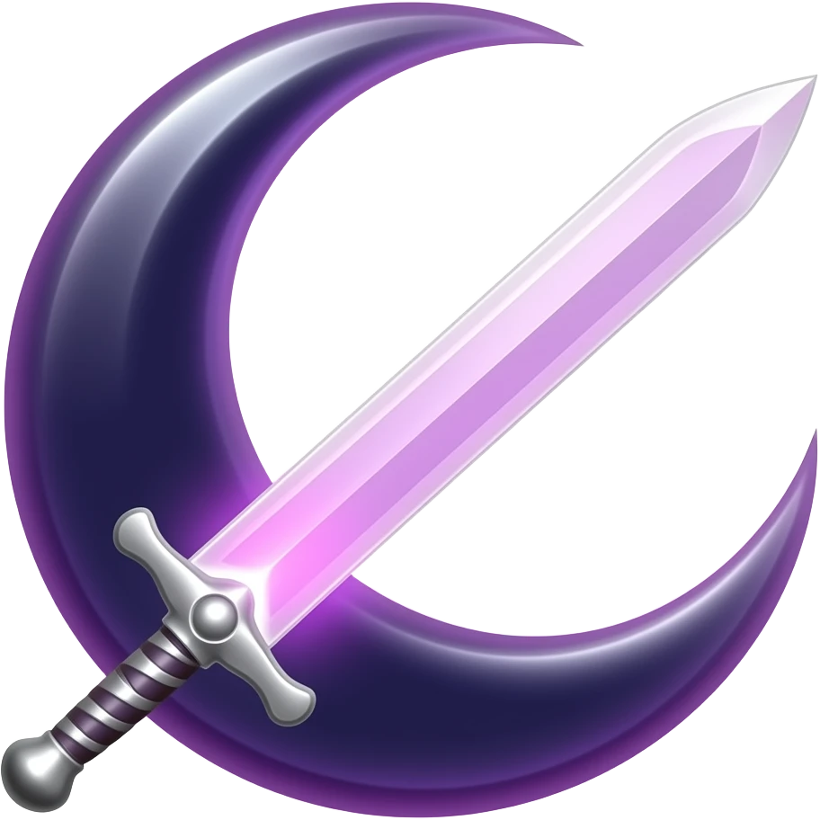 Glowing dark purple detailed crescent moon with an elegant detailed glowing transparent sword, emoji style. The sword is positioned so that the blade points away from the moon and the hilt faces toward the moon (blade facing outward, not toward the moon). Soft violet and pink glow emoji