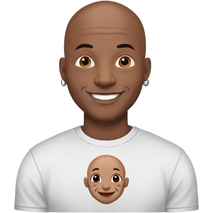 bald black man with bold full face tattoos, happy face, wearing a t-shirt emoji