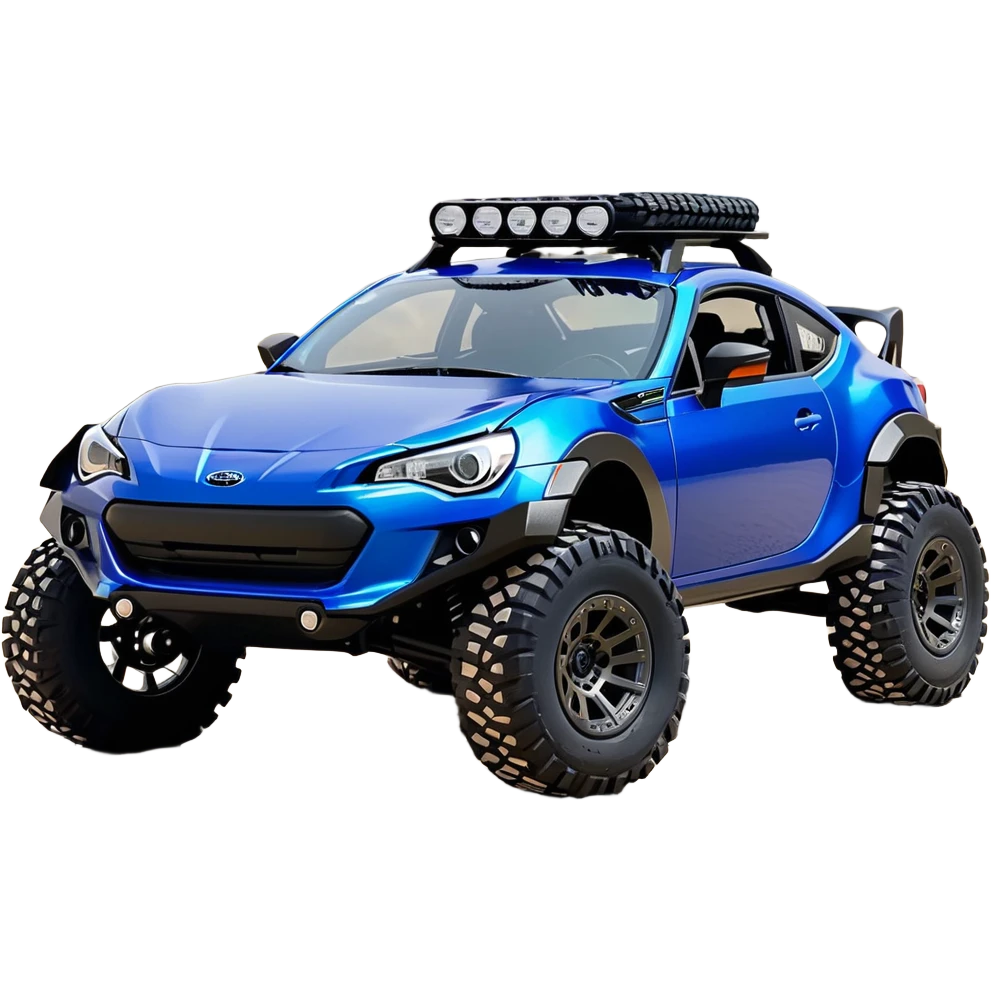 Rally race car Widened roof Long wheelbase widened pearly midnight satin dark blue  2025 Subaru brz off-road racer chrome nerf bars,side steps mounted under-door-sill climbing rock sliders, and matte silver wheels  emoji
