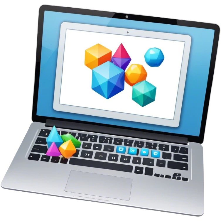 Professional icon for Graphic Design: a laptop with Photoshop open on the screen, displaying geometric shapes like spheres, cubes, and pyramids, along with a stylus. The icon should reflect the creative process in graphic design. Transparent background. emoji