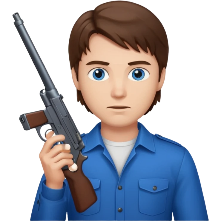 guy w medium long brown hair and blue eyes shooting himself emoji