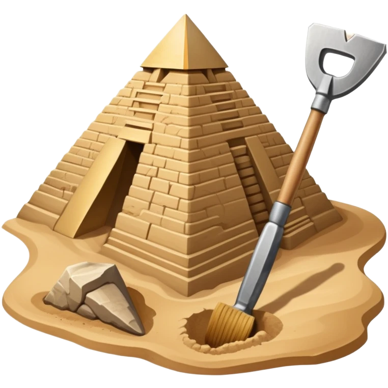An icon showing archaeological tools like a trowel, brush, and pickaxe placed on sandy ground, with an Egyptian pyramid in the background. The design symbolizes excavation and discovery of ancient history, blending tools and iconic landmarks. Transparent background. emoji