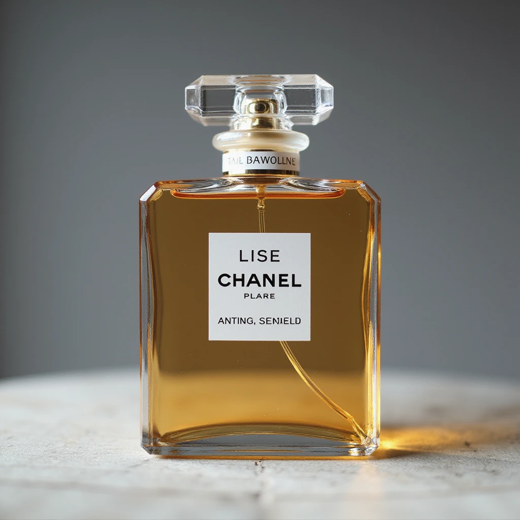 realistic Chanel perfume bottle, glass reflections, photorealistic style emoji
