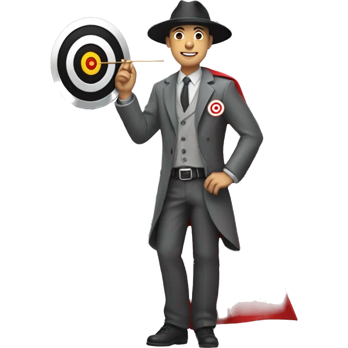 man with grey shirt and black pants and grey hat with Target bullseye on it, and a red cape emoji