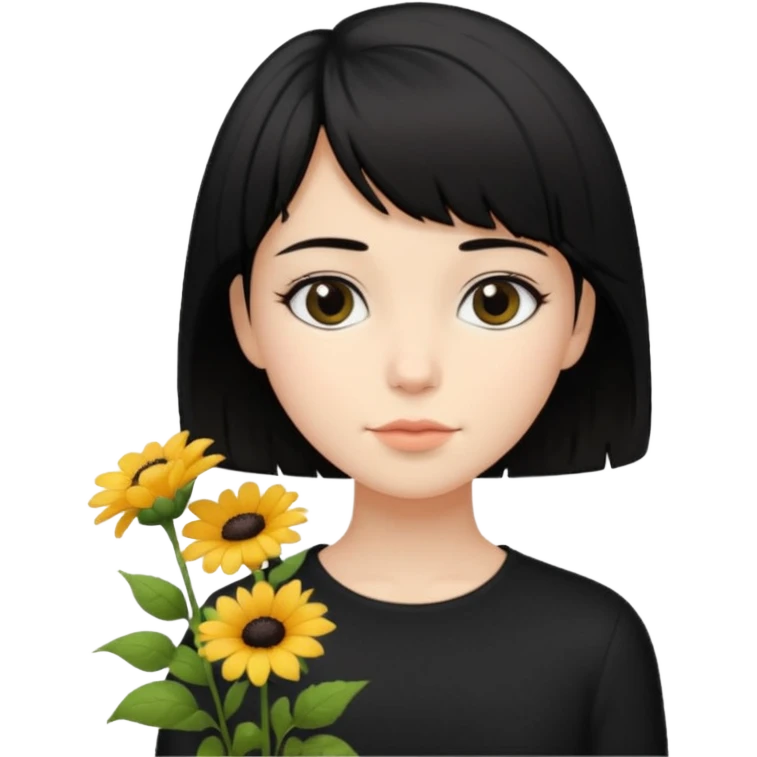 a pretty bratz fair girl with short black shaggy hair with a tall boy and flowers wearing black emoji
