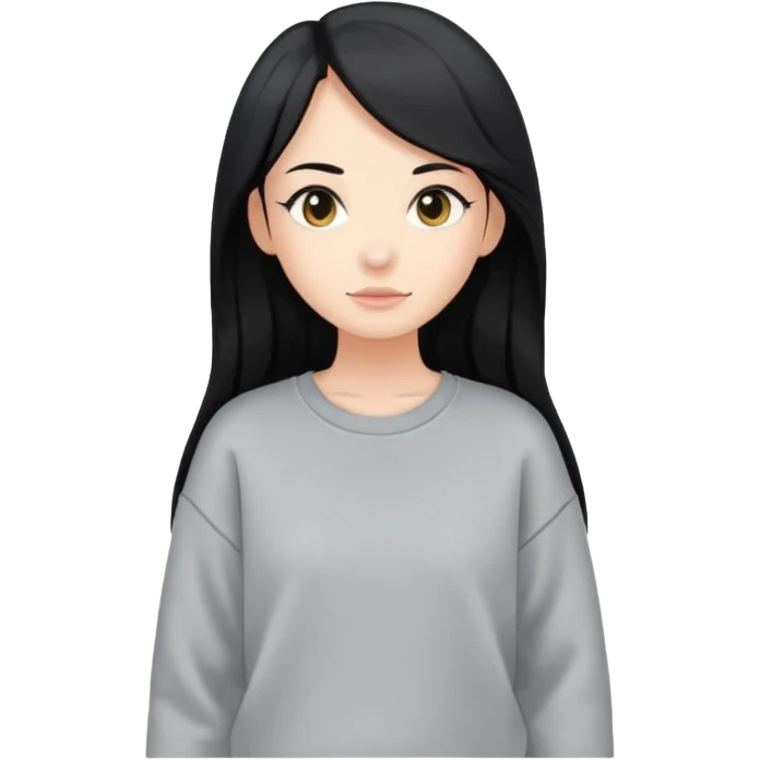 full-body female avatar, flat vector, long black hair, oversized sweatshirt, neutral background emoji