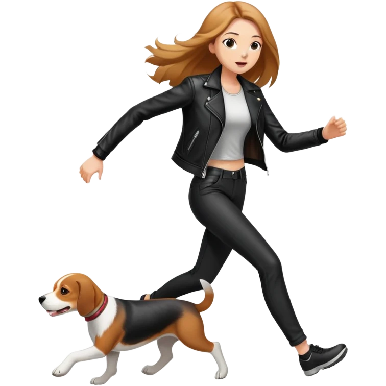 A beautiful tall girl with fair skin and long hair wearing a black leather jacket and black pants running with Beagle emoji