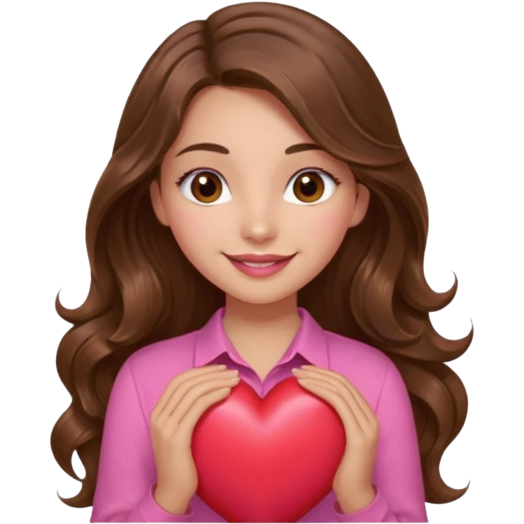 girl with long wavy brown hair, brown eyes, light to medium complexion, in a pink shirt, pink lips, long lashes, smiling, hugging a heart emoji