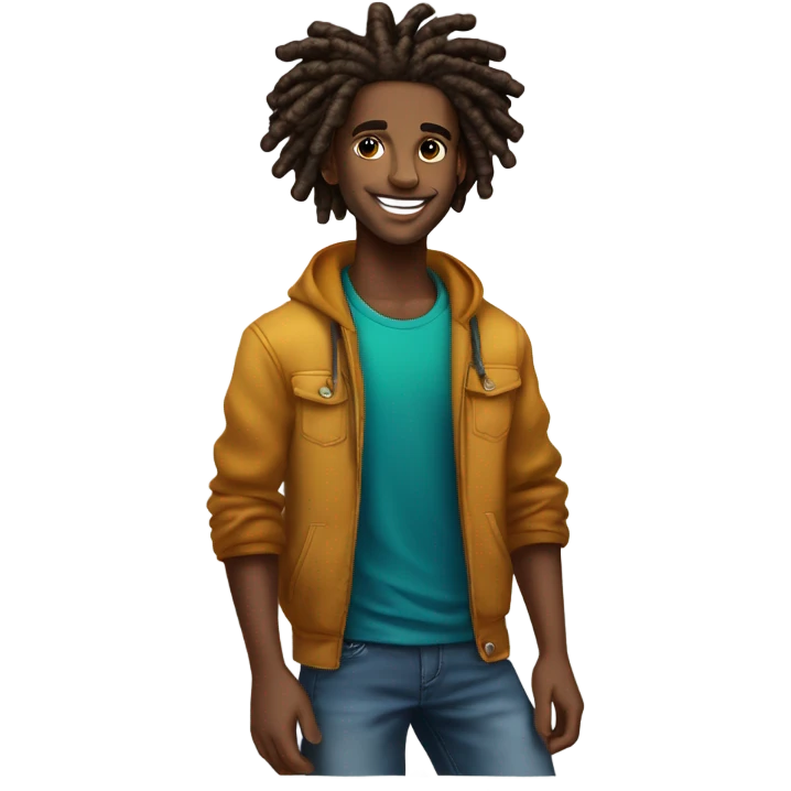 A young African-American male with short, thick dreadlocks and a friendly, confident smile. He has a slim but toned build and radiates a vibrant, approachable energy. His style combines casual streetwear with bold, trendy touches emoji