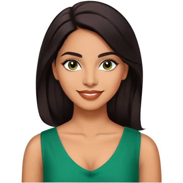 Professional portrait of Lynette Torres, Puerto Rican actress with radiant medium brown skin, charismatic expression, bright dark eyes, beautifully shaped eyebrows, charming smile, long sleek dark hair, wearing an elegant green top emoji