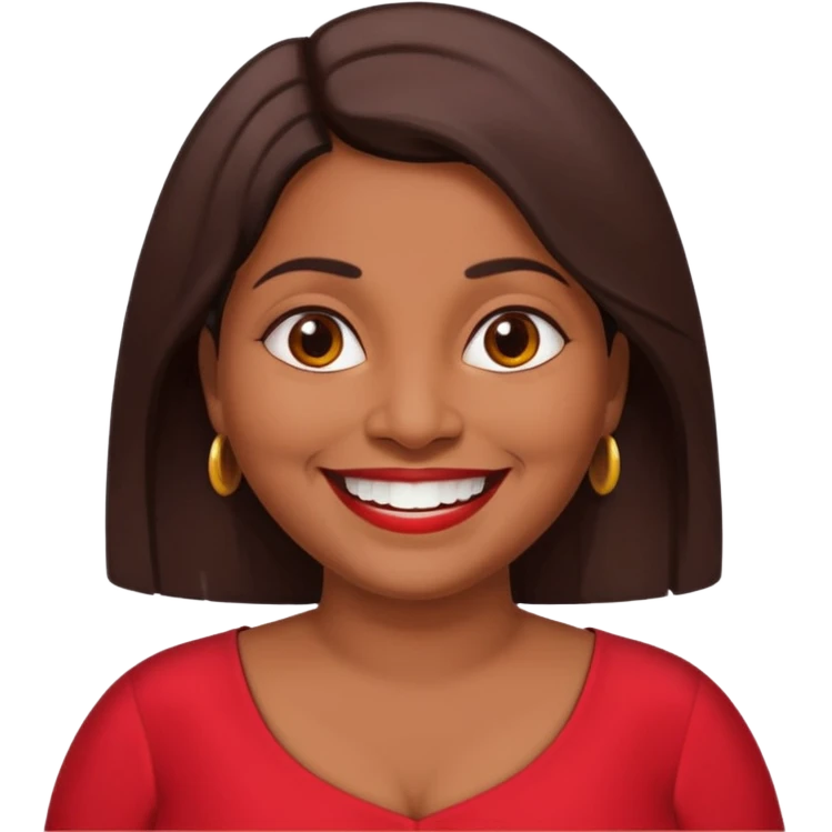 50 yr old chubby Sri Lankan woman, dark skin, straight brown hair, big smile, white teeth, red dress clothes, shoulder length hair emoji