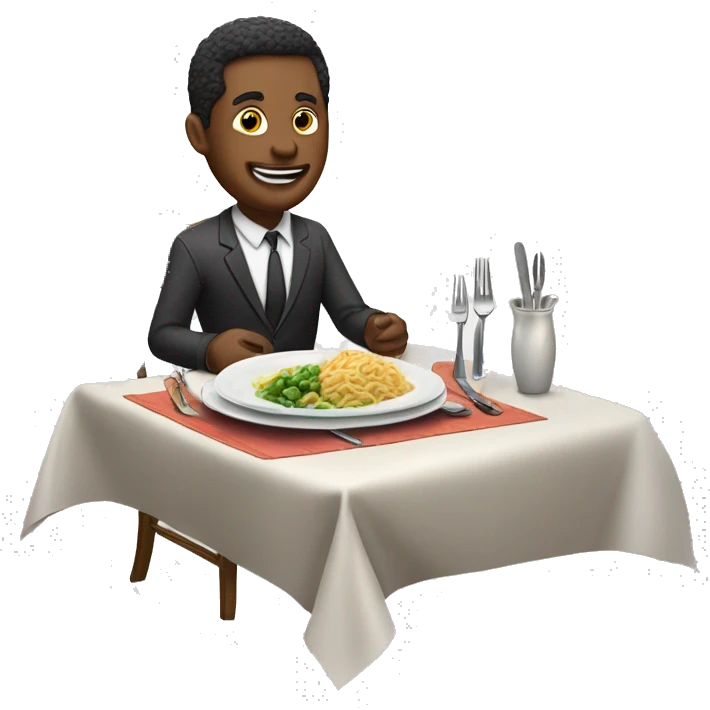 man at dinner table with cuttlery in his hands, money on the plate emoji