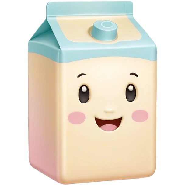 Cinematic adorable milk carton, soft pastel colors, tiny rounded edges, chubby smiling face, warm glowing highlights, gently tilting in a playful pose. emoji