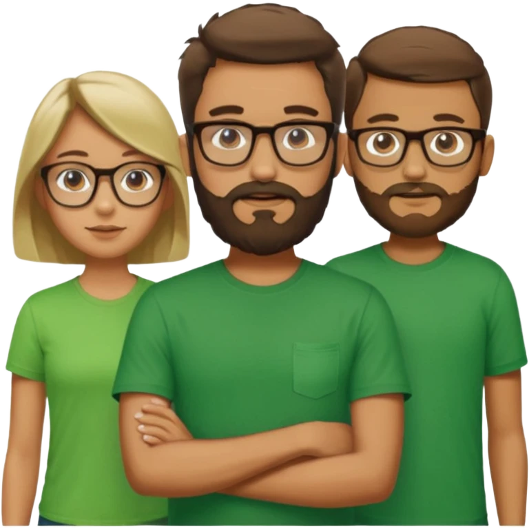 A family consisting of a man who's bearded, tanned, wearing glasses, a woman, slightly tanned, and a 14 year old teenage boy, slightly tanned, wearing a green t-shirt emoji
