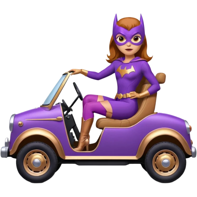 Hot full size real-appearance racing action BatGirl’s purple tights sixty’s tv show 1932 stealth retro cat burglar sporty petite off-road pursuit mobile cruiser car rose gold accents (reclined and relaxed seating position and attitude) emoji