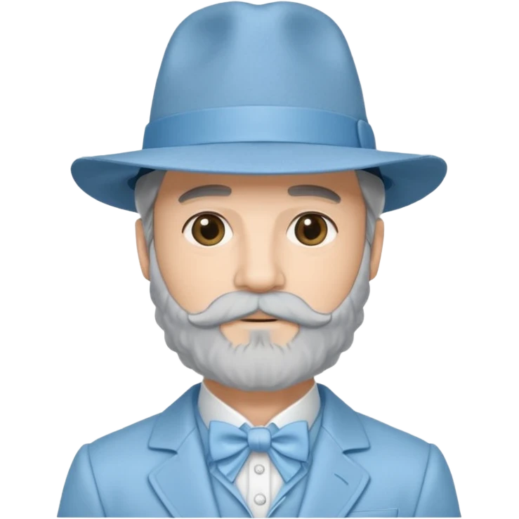 Man wearing a powder blue 1970s ruffle suit with bell bottoms, he has a powder blue fedora and a dark grey beard that comes to a point emoji