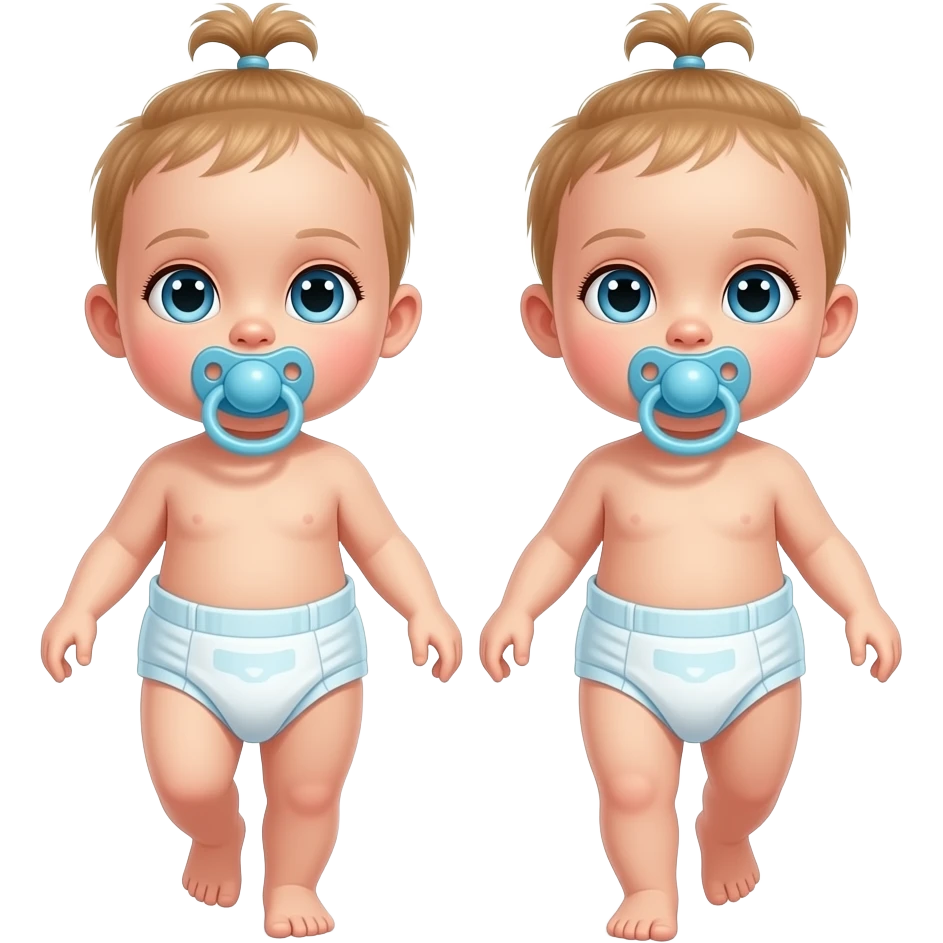 Twin blue-eyed baby girls walking and wearing a cloth diaper sucking on pacifier emoji