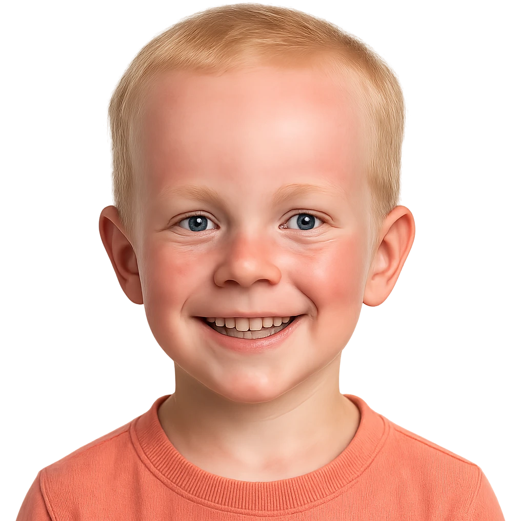 blonde-haired, blue-eyed young boy, big forehead, smiling, pale skin with subtle red flush from tanning bed emoji