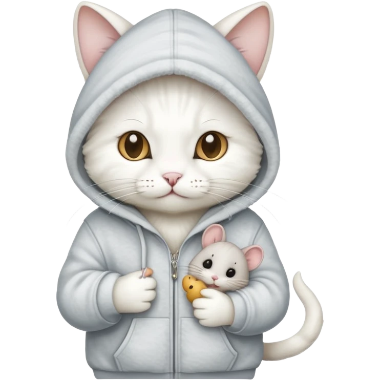 white hacker cat with a hoodie and a mouse emoji